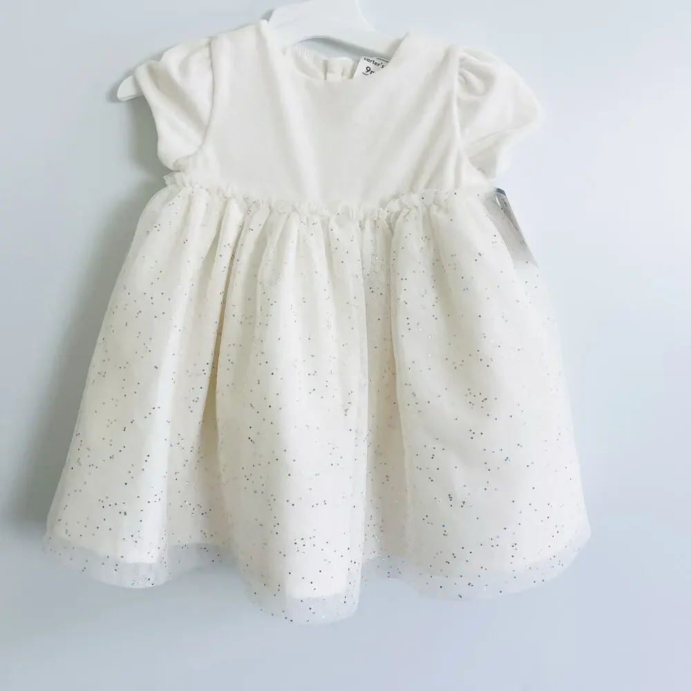 Baby Girls Carters Short Sleeve Off White‎ Sparkly Tulle Mesh Dress -9 Months